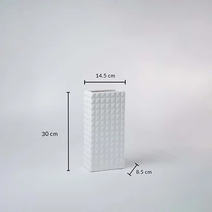 White textured ceramic vase with measurements 30 cm height 14.5 cm width and 8.5 cm depth shown clearly for accurate decor planning.