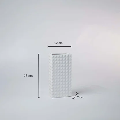 White textured ceramic vase shown with measurements 25 cm height 12 cm width and 7 cm depth for accurate home styling reference.