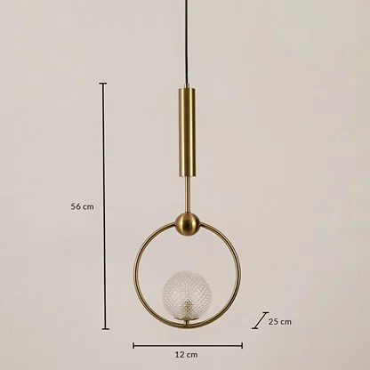 Gold metal ring pendant light dimension image with 12 cm width and 55 cm height for luxury bedside placement.