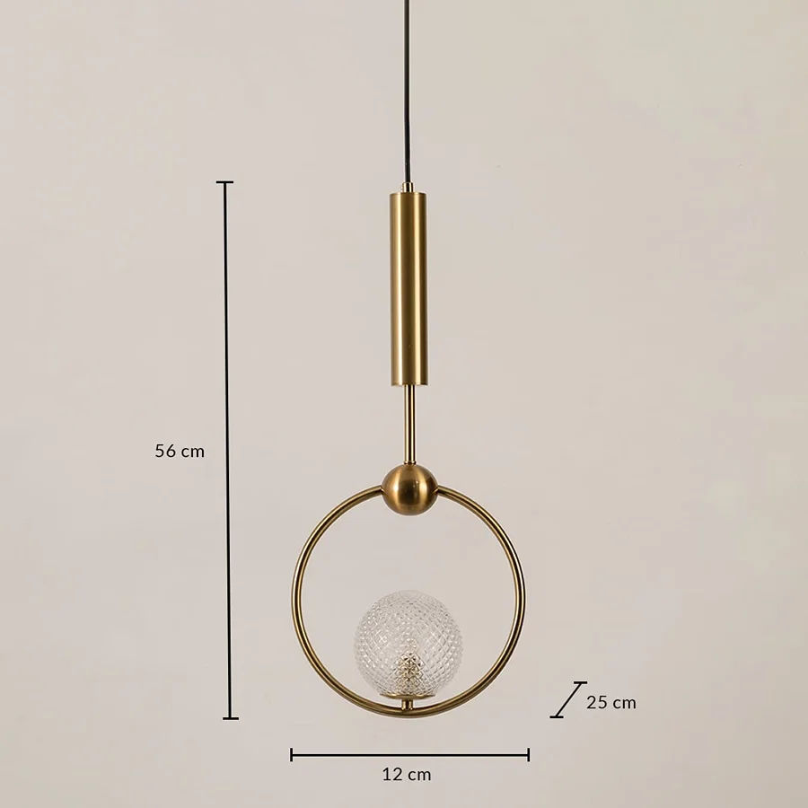 Gold metal ring pendant light dimension image with 12 cm width and 55 cm height for luxury bedside placement.