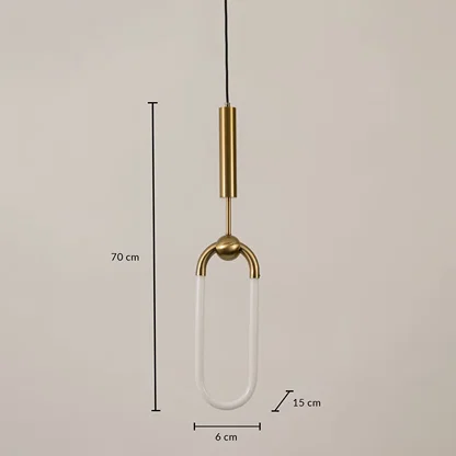 Gold metal frame pendant light dimension image with 6 cm width and 70 cm height for modern bedside placement.