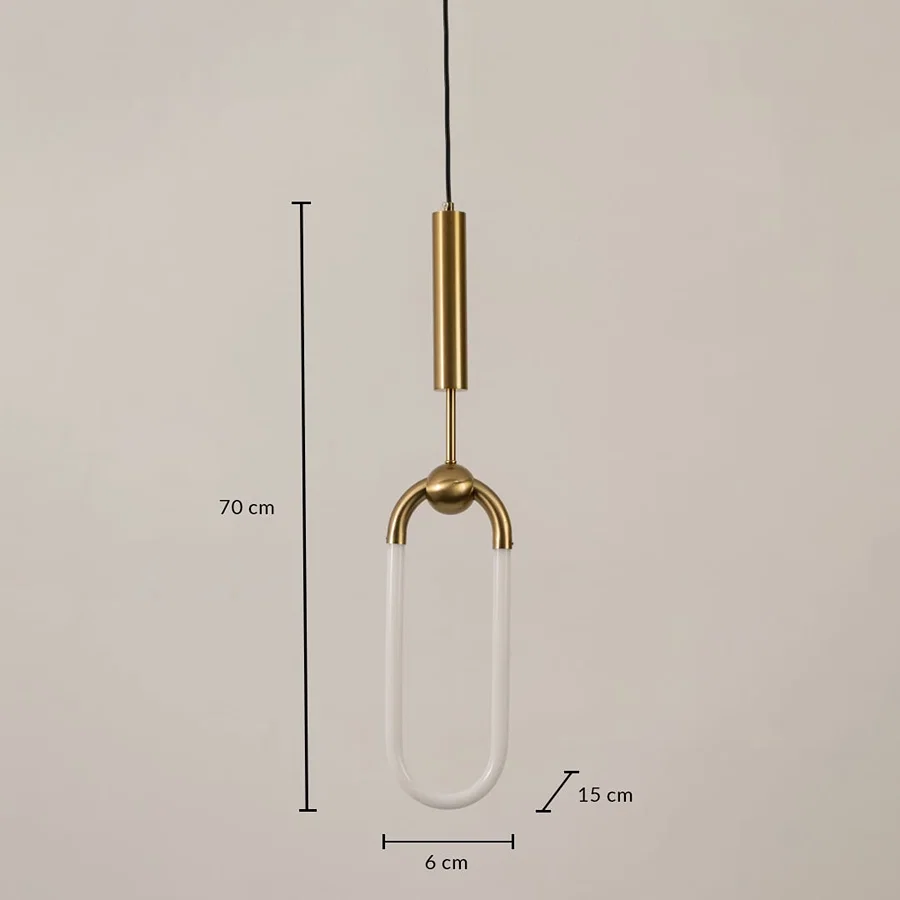 Gold metal frame pendant light dimension image with 6 cm width and 70 cm height for modern bedside placement.