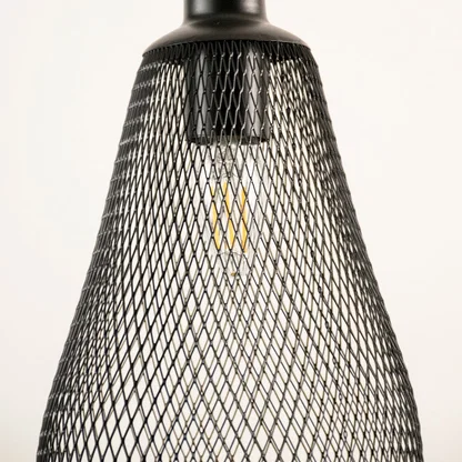 Black metal mesh pendant light showcasing intricate wire craftsmanship and exposed bulb detail for modern decor lighting.