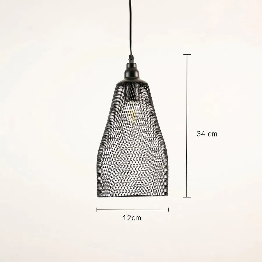 Black metal mesh pendant light measuring 34 cm height and 12 cm width for stylish modern ceiling lighting.