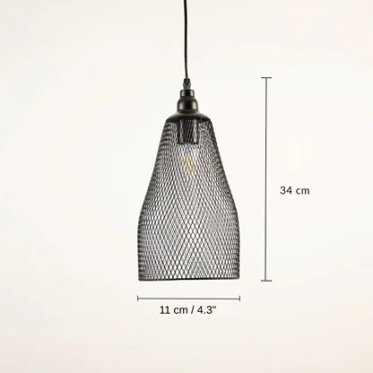Black metal mesh pendant light, 34 x 11 x 11 cm (13.4 x 4.3 x 4.3 inches) dimensions