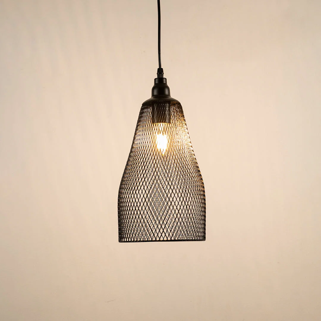 Black metal mesh pendant light with exposed bulb design offering modern ceiling lighting for contemporary home interiors.