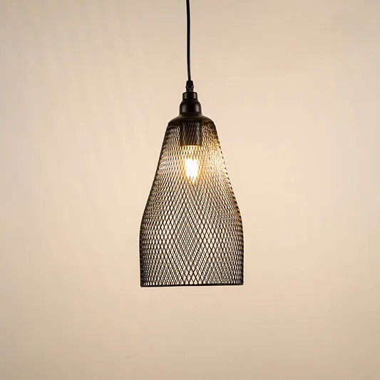 Black metal mesh pendant light with exposed bulb design offering modern ceiling lighting for contemporary home interiors.