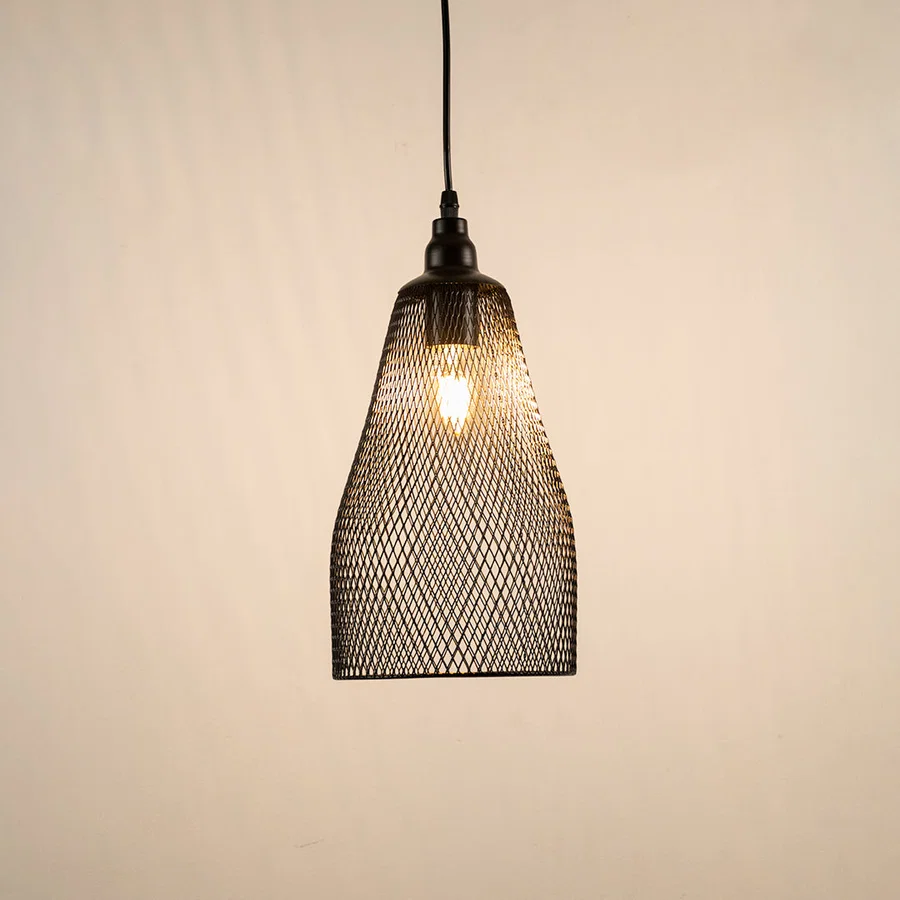 Black metal mesh pendant light with exposed bulb design offering modern ceiling lighting for contemporary home interiors.