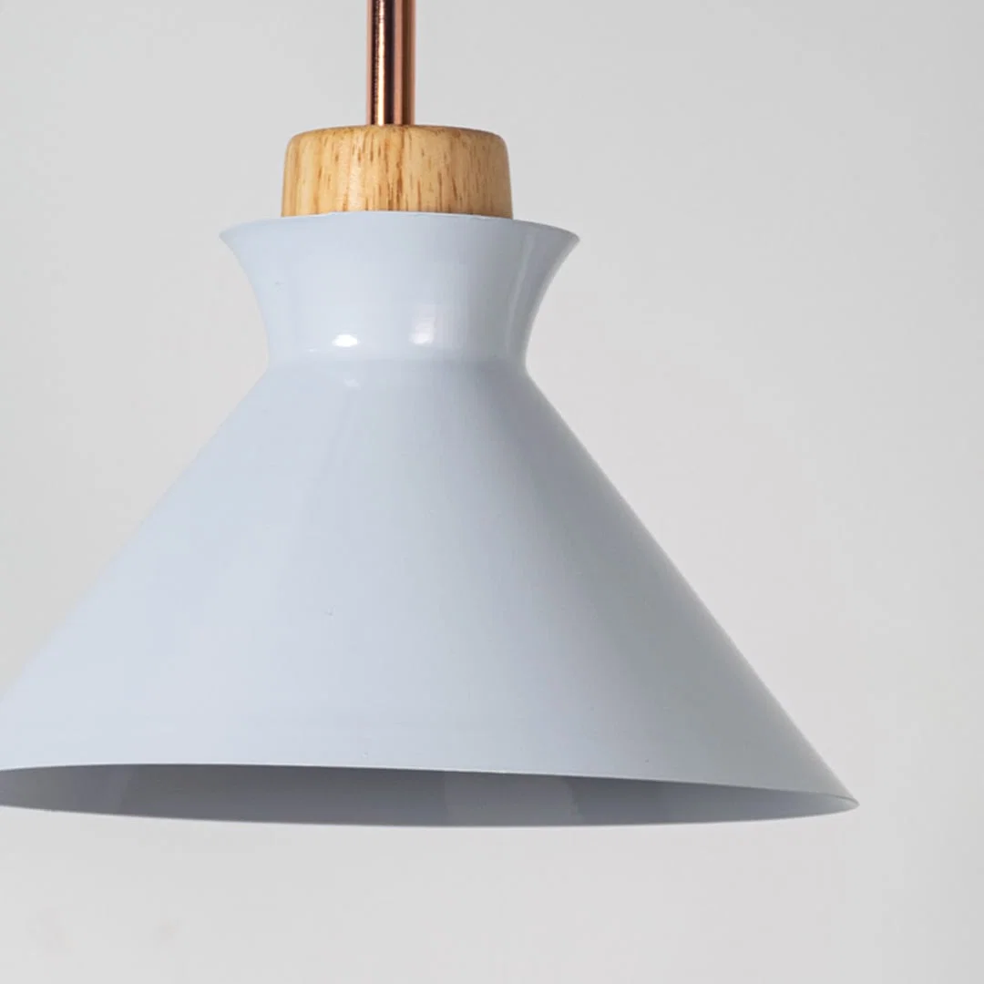 White metal pendant light with natural wood detailing showcasing sleek cone shape and modern Scandinavian style.