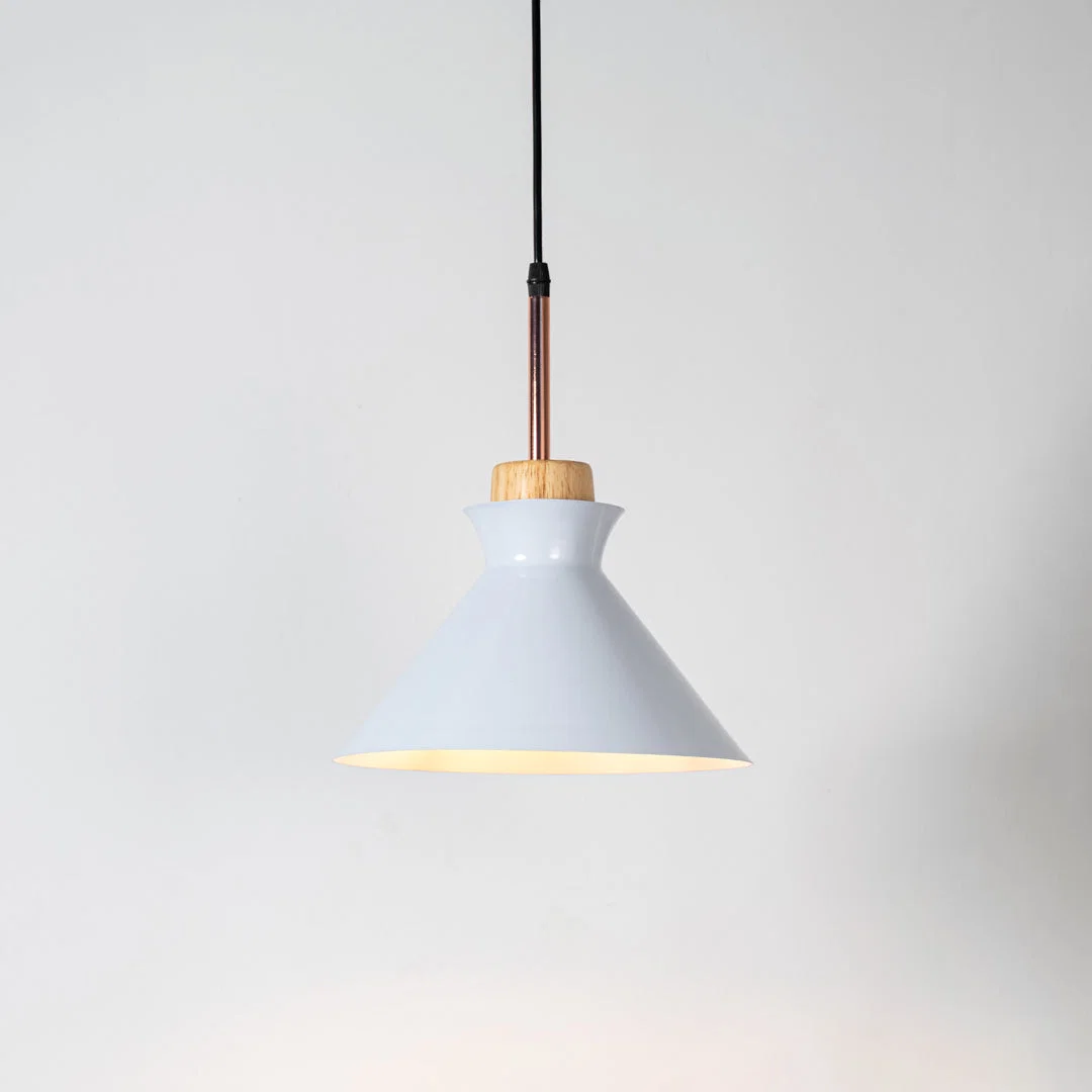 White metal pendant light with natural wood accents and minimalist cone design for contemporary ceiling lighting decor.