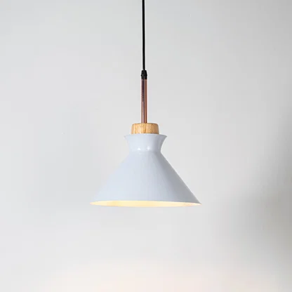 White metal pendant light with natural wood accents and minimalist cone design for contemporary ceiling lighting decor.
