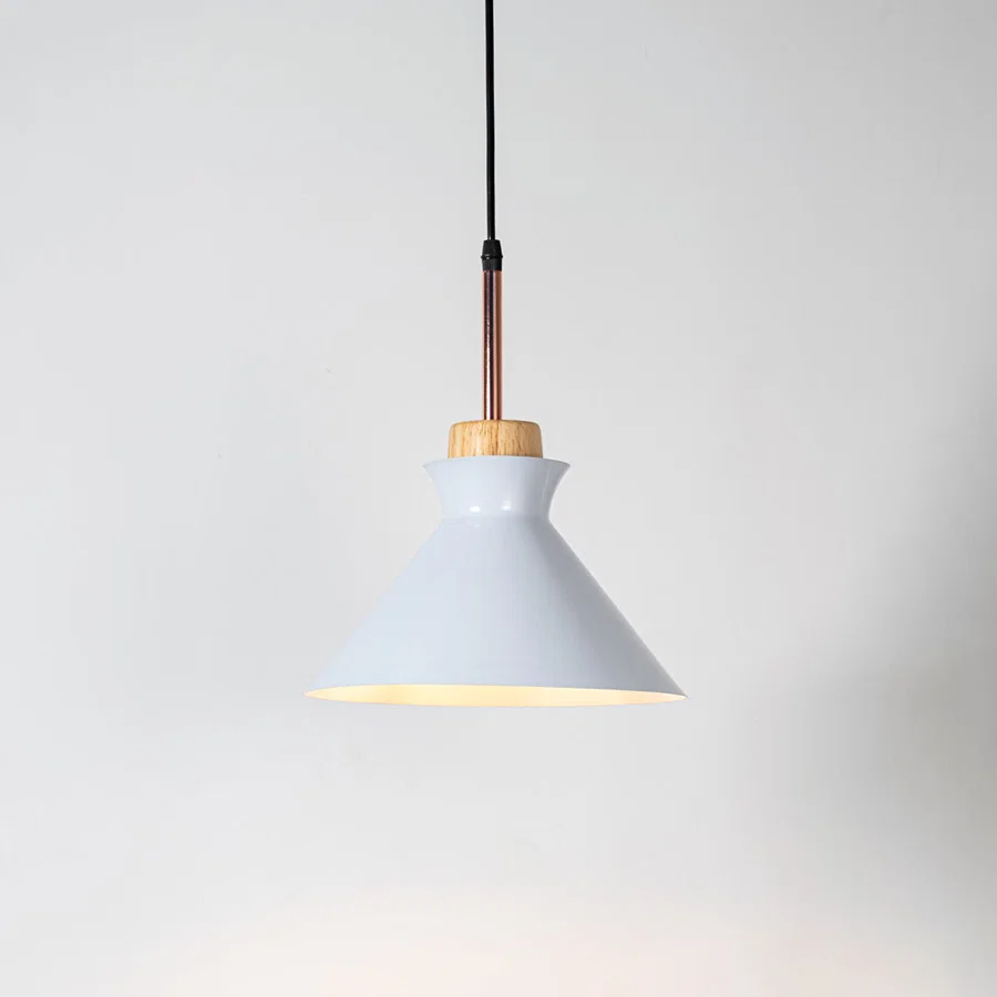 White metal pendant light with natural wood accents and minimalist cone design for contemporary ceiling lighting decor.