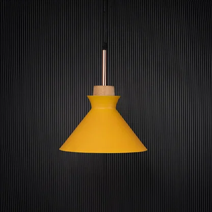Yellow conical pendant ceiling light with wooden top switched off on back background for modern dining room cafe and home ceiling lighting decor.