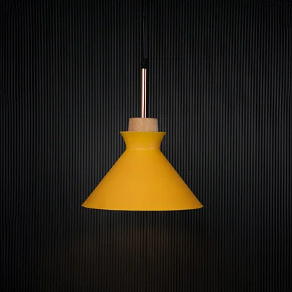 Yellow conical pendant ceiling light with wooden accent illuminated on back background for dining room cafe and modern interior lighting decor.