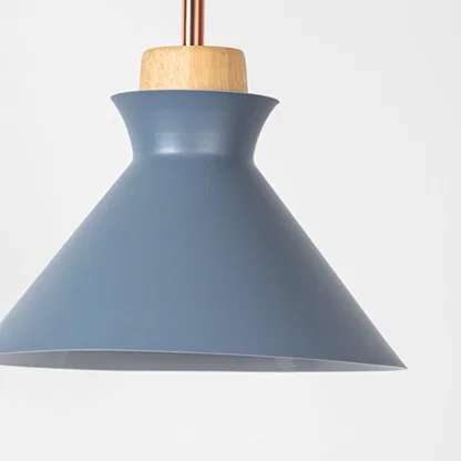 Blue metal pendant light with natural wood detailing showcasing sleek cone shape and modern Scandinavian style.