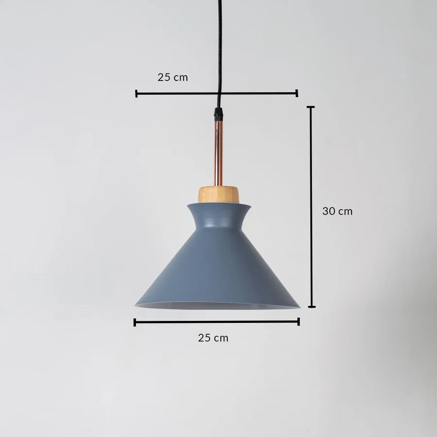 Blue metal pendant light measuring 25 cm width and 31 cm height crafted for stylish ceiling lighting decor.