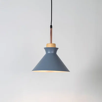 Blue metal pendant light with natural wood accents and minimalist cone design for contemporary ceiling lighting decor.
