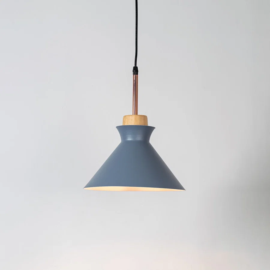 Blue metal pendant light with natural wood accents and minimalist cone design for contemporary ceiling lighting decor.