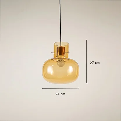 Amber glass pendant light dimension image with 24 cm width and 27 cm height for kitchen island placement.