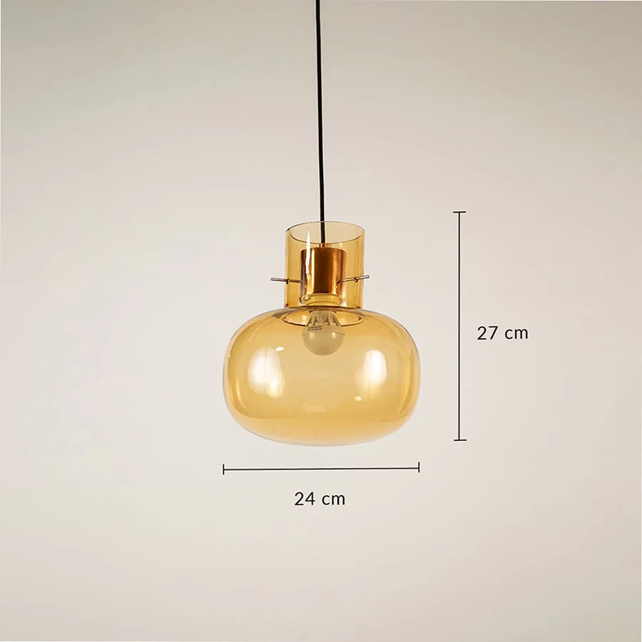 Amber glass pendant light dimension image with 24 cm width and 27 cm height for kitchen island placement.