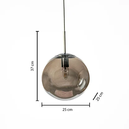 Dimension image of smoked glass globe pendant light with modern finish showing 37 cm height and 25 cm width.