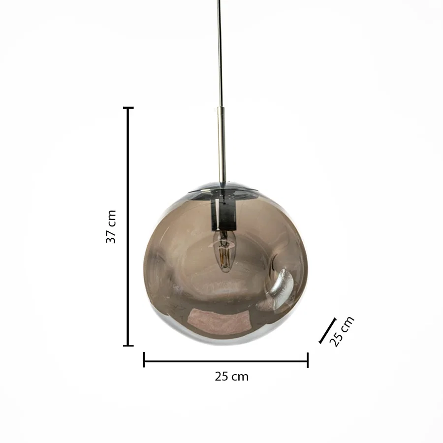 Dimension image of smoked glass globe pendant light with modern finish showing 37 cm height and 25 cm width.