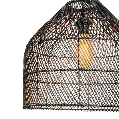 Black rattan pendant light shade with handwoven wicker texture and geometric pattern for modern boho interior decor.
