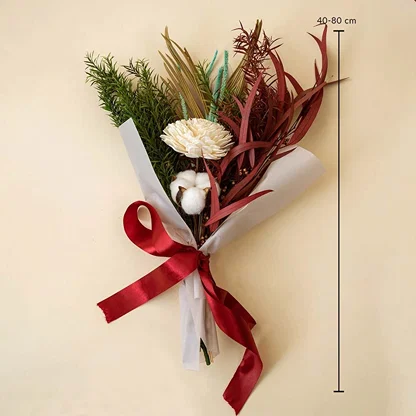 Decorative dried flower bouquet with cotton stem shola flower palm leaf eucalyptus 40 to 80 cm tall wrapped with red ribbon.