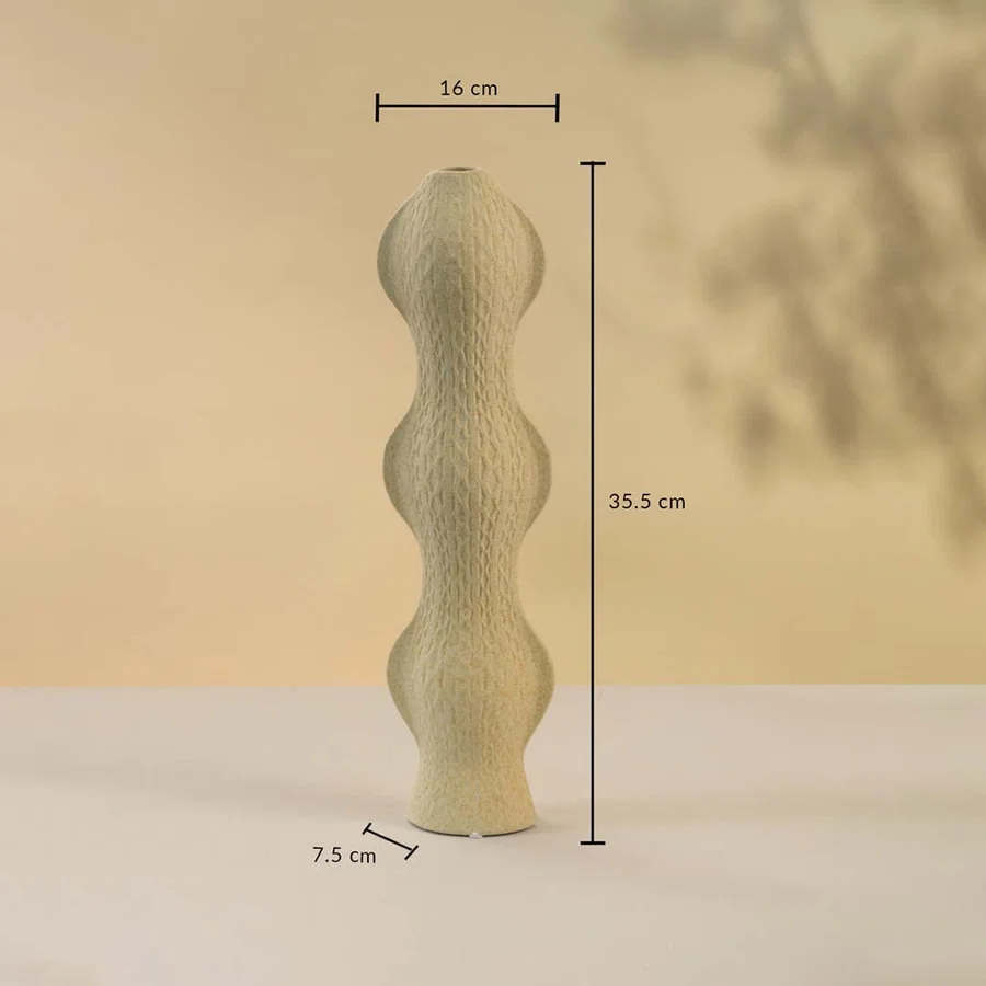 Beige ceramic vase with elegant wavy shape shown on neutral background featuring height 35 cm width 16 cm and base diameter 7 cm for accurate size reference.