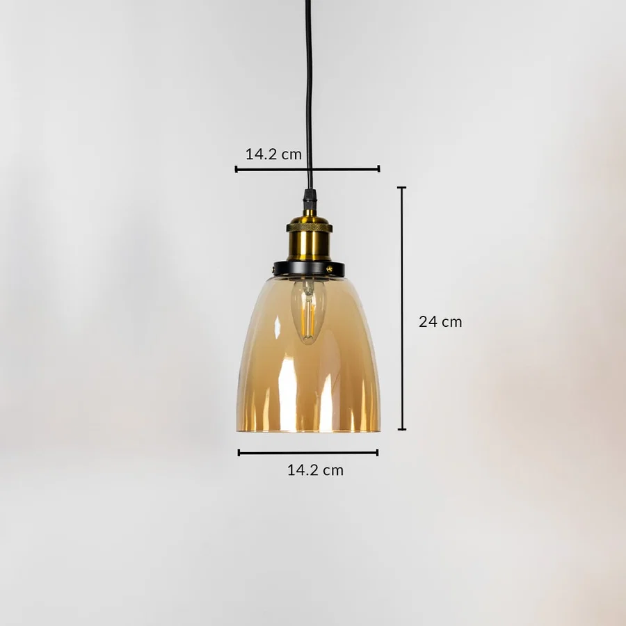 Amber glass pendant light measuring 14.2 cm width and 24 cm height crafted for elegant ceiling lighting decor.