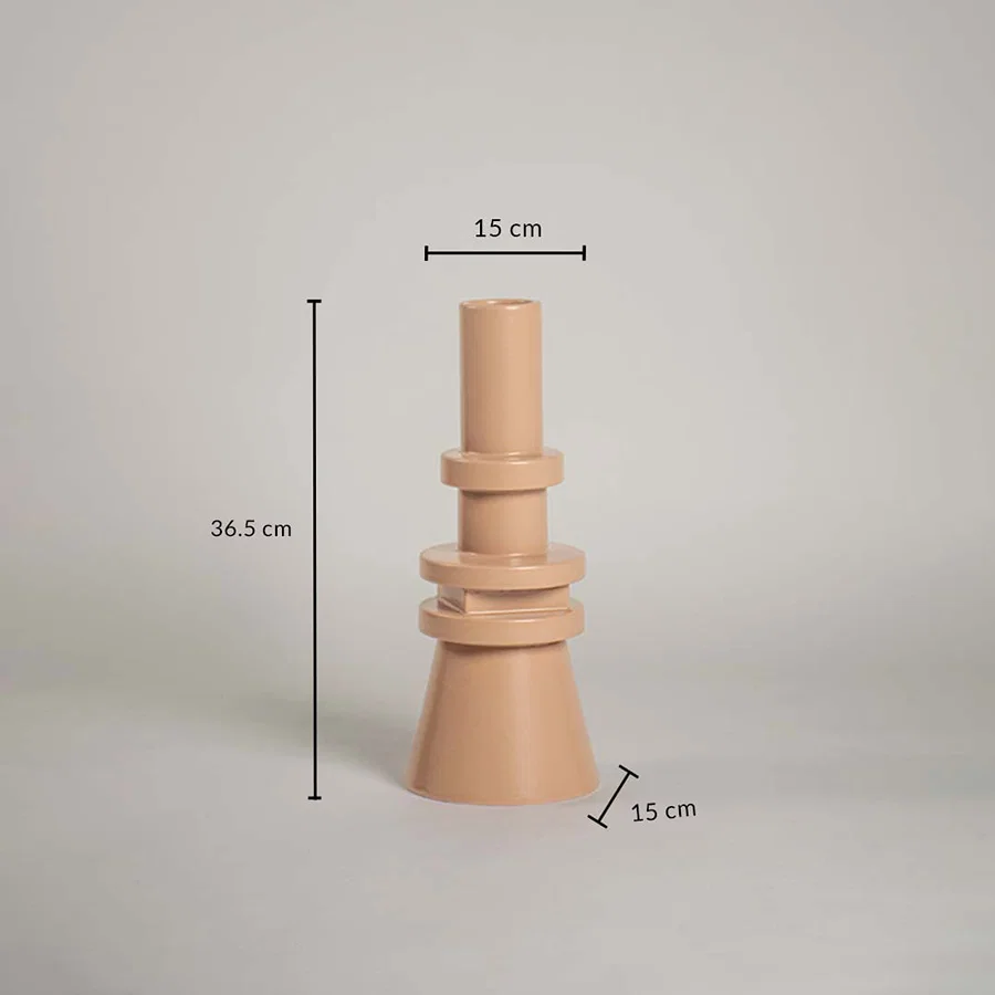 Beige geometric vase shown with dimensions 36.5 cm height and 15 cm width highlighting its tall structured silhouette for accurate size and styling reference.