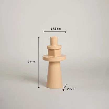 Beige geometric vase measuring 33 cm in height and 15.5 cm in width displaying a tiered totem shape on a white background for size.