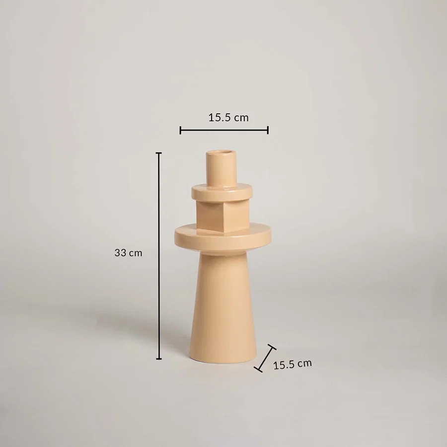Beige geometric vase measuring 33 cm in height and 15.5 cm in width displaying a tiered totem shape on a white background for size.