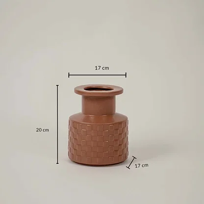 Terracotta ceramic vase measuring 20 cm height and 17 cm width shown on white background for size reference decor.