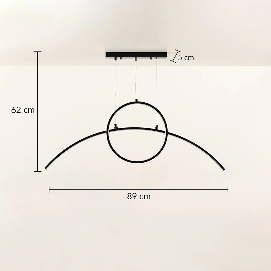 A modern black ring ceiling light with curved bar shown with 42 cm height and 120 cm width ideal for LED chandelier lighting and minimal contemporary décor.