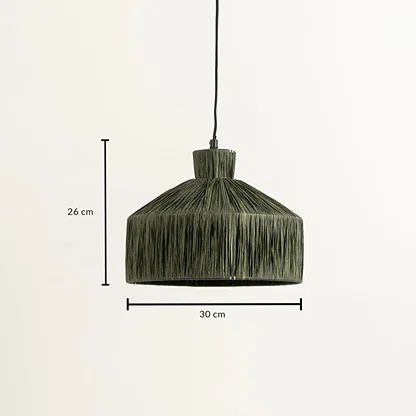 Olive green thread pendant light dimension image with 30 cm width and 26 cm height for modern dining placement.