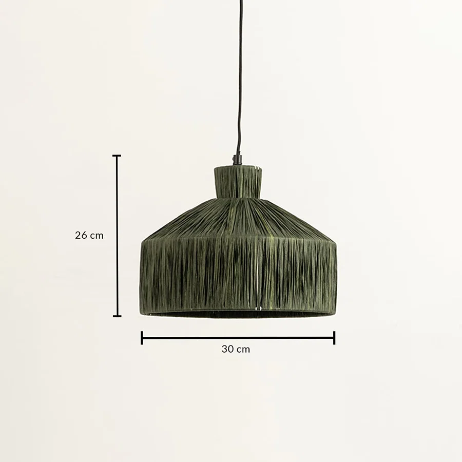 Olive green thread pendant light dimension image with 30 cm width and 26 cm height for modern dining placement.