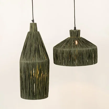 Green woven fiber pendant lights illuminated to display handcrafted ceiling lighting with natural contemporary styling.