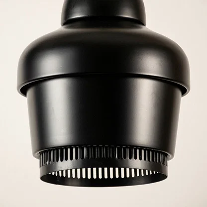Black metal pendant light closeup highlighting industrial detailing and premium craftsmanship with modern decorative appeal.