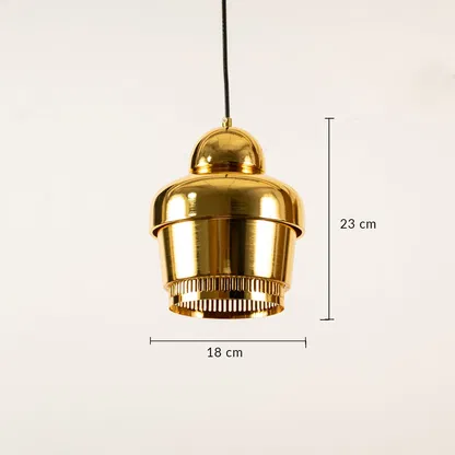 Gold metal pendant light dimension image with 18 cm width and 23 cm height for luxury dining room placement.