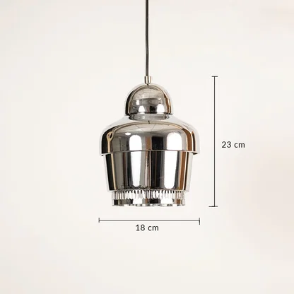 Silver chrome metal pendant light dimension image with 18 cm width and 23 cm height for contemporary kitchen placement.
