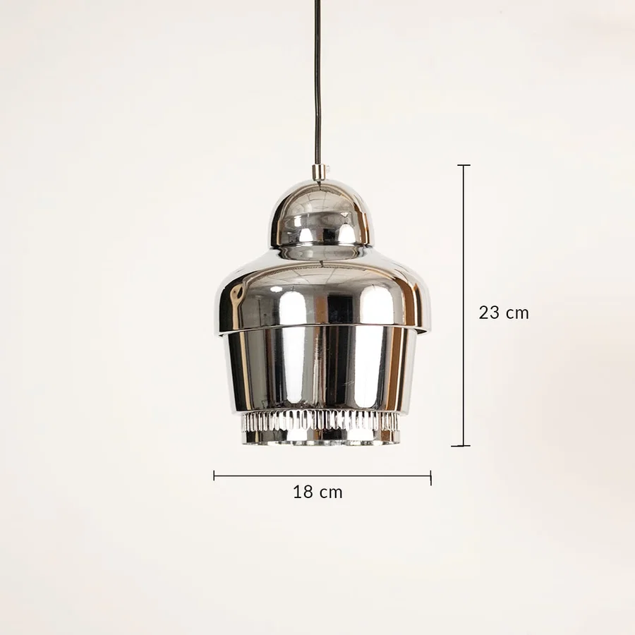 Silver chrome metal pendant light dimension image with 18 cm width and 23 cm height for contemporary kitchen placement.
