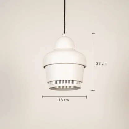 White metal pendant light dimension image with 18 cm width and 23 cm height for modern kitchen placement.
