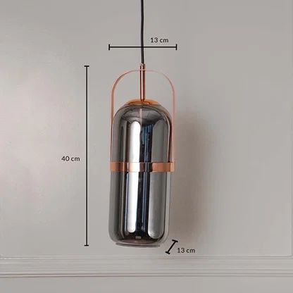 Dimension image of smoked glass capsule pendant light with copper accents showing 40 cm height and 13 cm width.