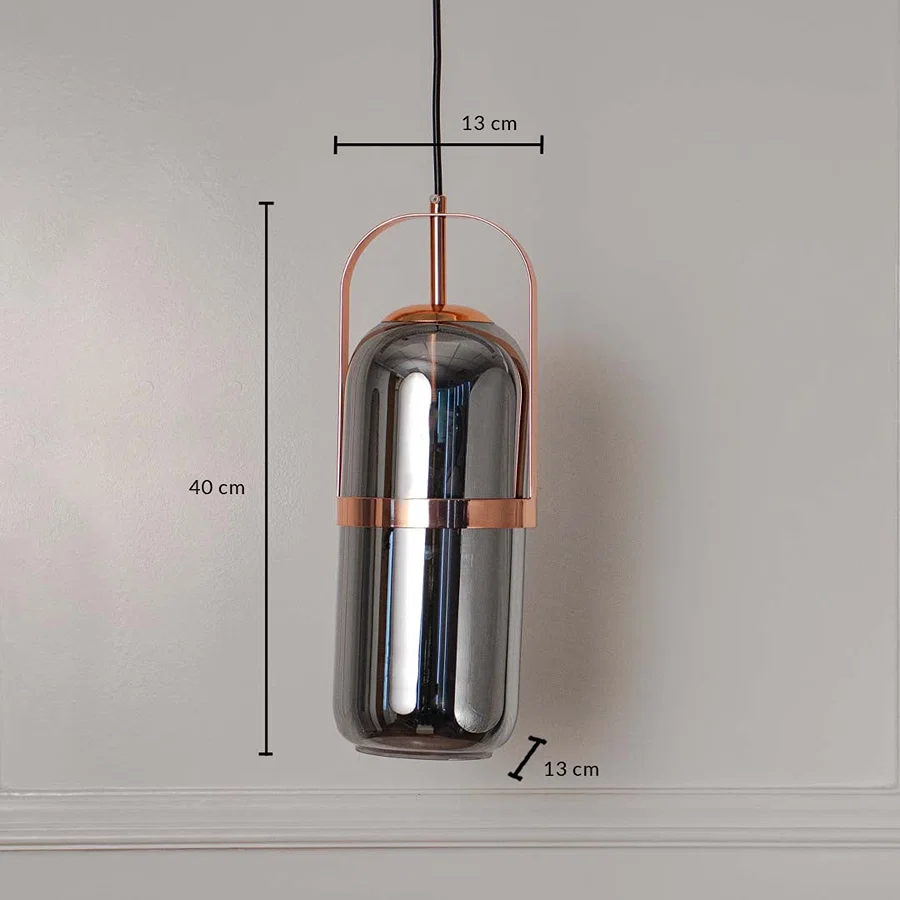 Dimension image of smoked glass capsule pendant light with copper accents showing 40 cm height and 13 cm width.
