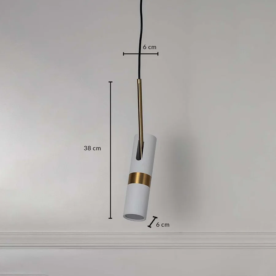 Dimension image of white metal cylinder pendant light with brass accent showing 38 cm height and 6 cm width.