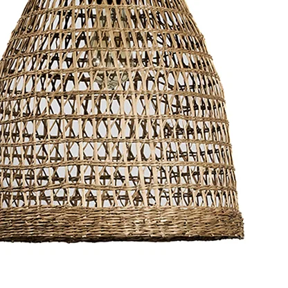 Closeup of tapered brown rattan pendant light showcasing intricate weave and artisan craftsmanship details.