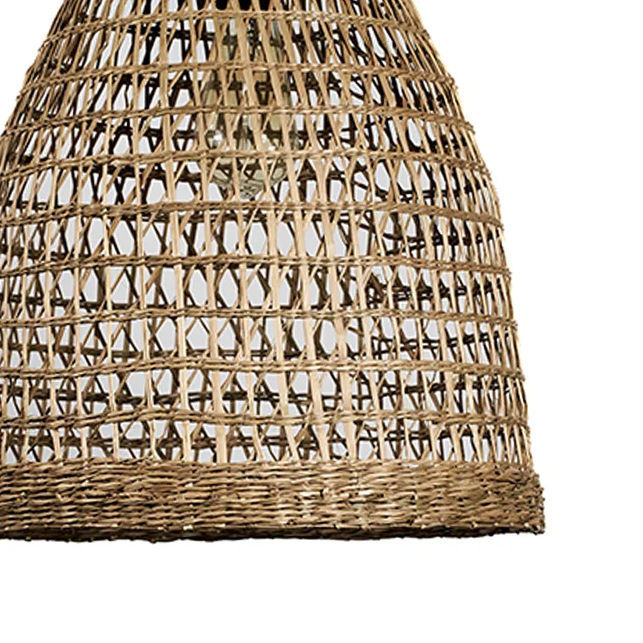 Closeup of tapered brown rattan pendant light showcasing intricate weave and artisan craftsmanship details.