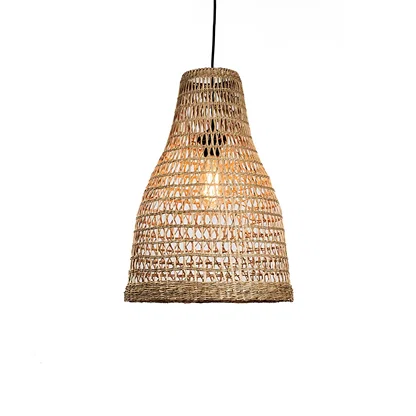 Handwoven rattan pendant light with tapered bell shape and open weave texture hanging against soft neutral wall background for warm boho decor.