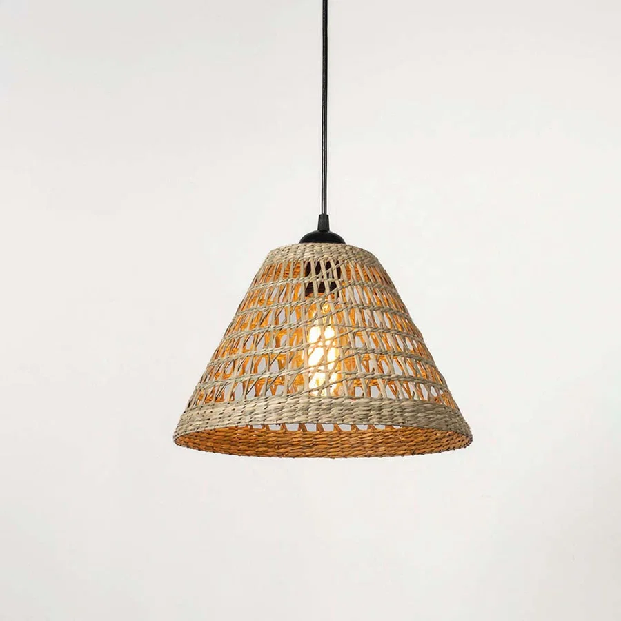Woven bamboo pendant light with wide dome shape and geometric pattern texture suspended against clean neutral wall background for modern natural decor.

